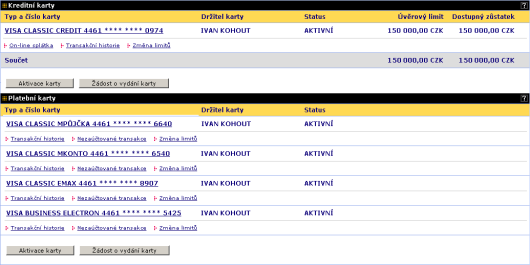 Obrazovka se souhrnem platebních karet