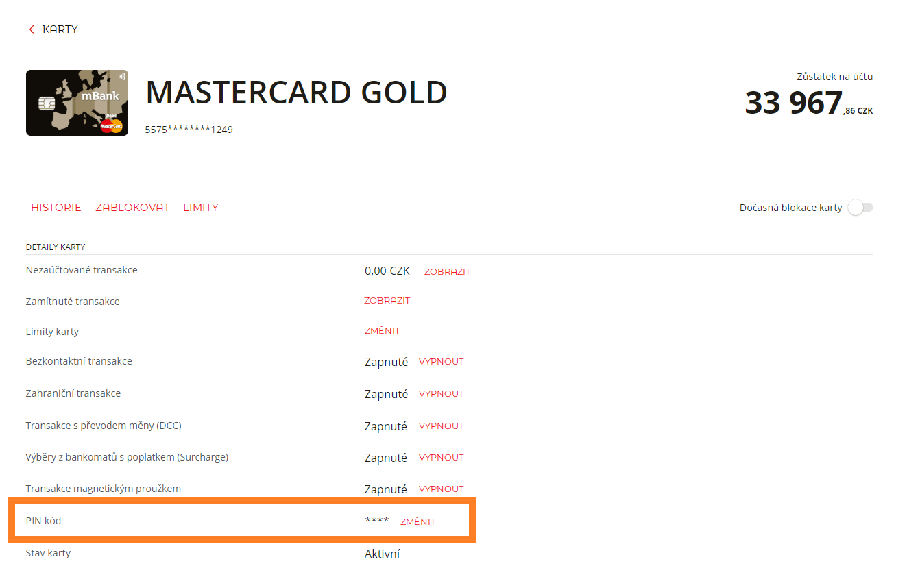 Jak změnit PIN kód na kartě mBank.cz