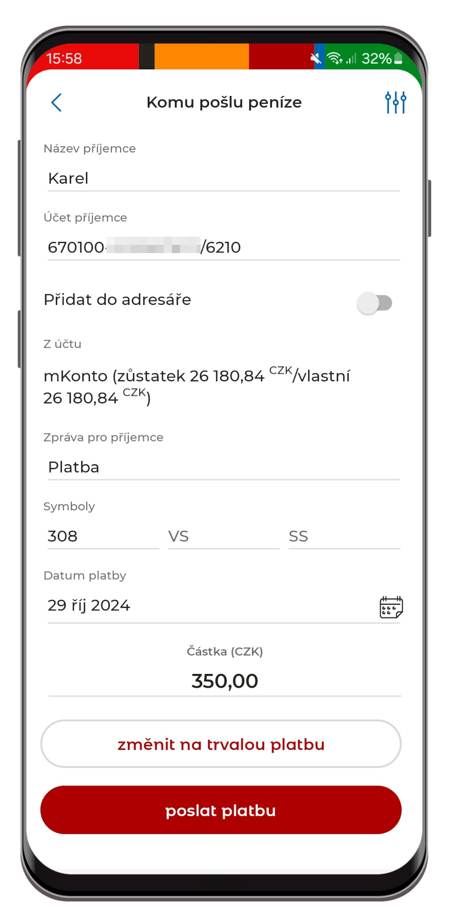 Placení QR kódem - krok 2